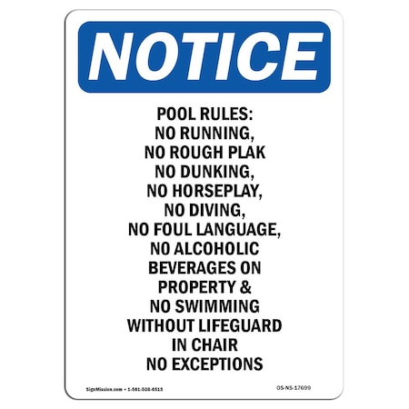 Signmission Safety Sign, OSHA Notice, 10" Height, Aluminum, Pool Rules No Running No Rough Sign, Portrait OS-NS-A-710-V-17699